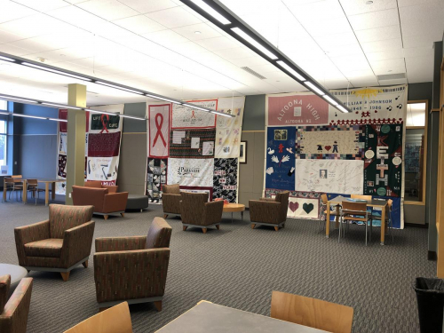 The six quilt panels hung from ceiling to floor.